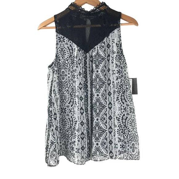 NWT iZ Byer Womens M Black Lace Blouse Aztec Tank Top Sleeveless Floral Casual - Picture 11 of 11